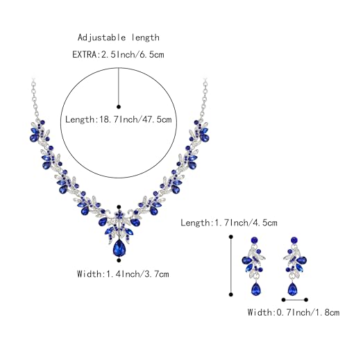 Women's Wedding Jewelry Set Leaf Flower for Bridal Prom Party | Stunning Crystal Teardrop Marquise Cluster Pendant Necklace Dangle Earrings Set for Bride Bridesmaid - color: Royal Blue Silver-Tone
