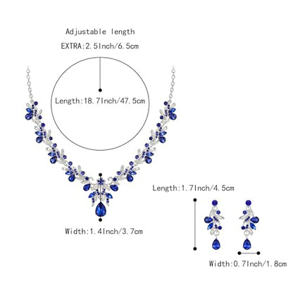 Women's Wedding Jewelry Set Leaf Flower for Bridal Prom Party | Stunning Crystal Teardrop Marquise Cluster Pendant Necklace Dangle Earrings Set for Bride Bridesmaid - color: Royal Blue Silver-Tone