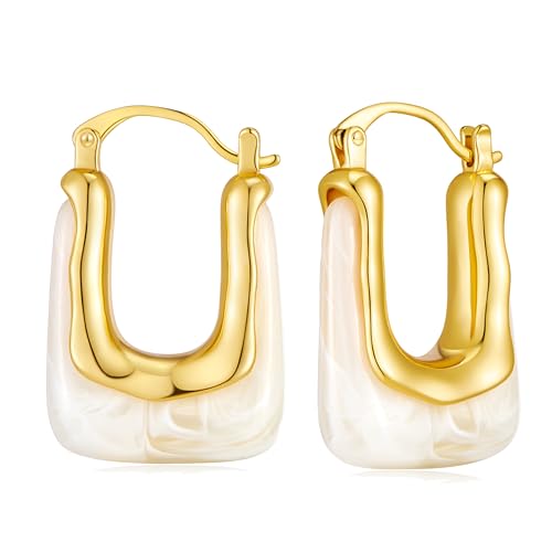 Acrylic Hoop Earrings for Women 14K Gold Plated Chunky Hoop Earrings Vintage Geometric Resin Fashion Jewelry Gifts - style: acrylic hoop white