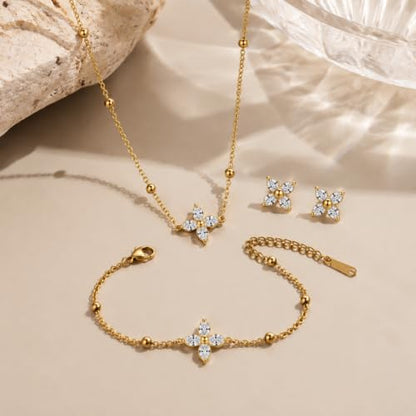 14K Gold Plated Crystal Jewelry set Cubic Zirconia Dainty Choker Necklace Earrings Stud Gold Necklaces for Women - color: Clover