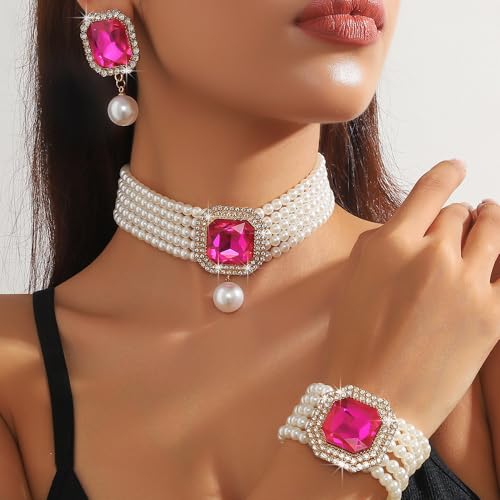 Fashion Bride Silver Black Green Bridal Layered Rhinestone Crystal 1920s Faux Pearls Necklace Earrings Bracelet Set Crystal Wedding Jewelry Set Rose Red Square Choker Necklace for Women - color: Rose Red