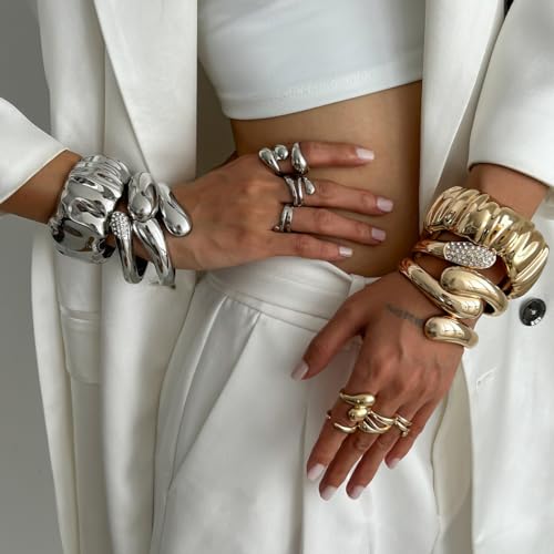 Chunky Gold Bangle Bracelets for Women Trendy Irregular Statement Cuff Bracelets Stack Wide Minimalist 3PCS Bangle Set Jewelry - style: Gold A