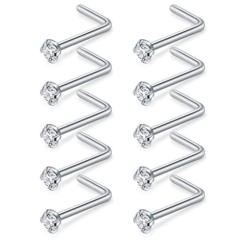 Briana Williams Nose Studs Nose Rings for Women 18G 20G Corkscrew Nose Ring Stainless Steel Nose Screw Studs Nose Rings Studs Surgical Steel Nostril Nose Piercing Jewelry - color: C -10pcs, silver