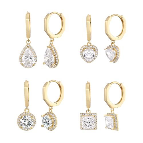 2-4 Pairs Dangle Drop Earrings for Women, 18K Gold Plated Cubic Zirconia Drop Dangle Huggie Hoop Earrings CZ Teardrop Hypoallergenic Jewelry - color: Yellow