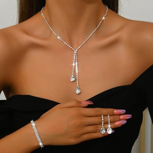 MIFYNN Rhinestone Wedding Set for Women Sparkle Crystal Earrings Necklace Bracelet Jewelry Set Wedding Party Prom Jewelry Set for Brides Bridesmaid - color: Silver3
