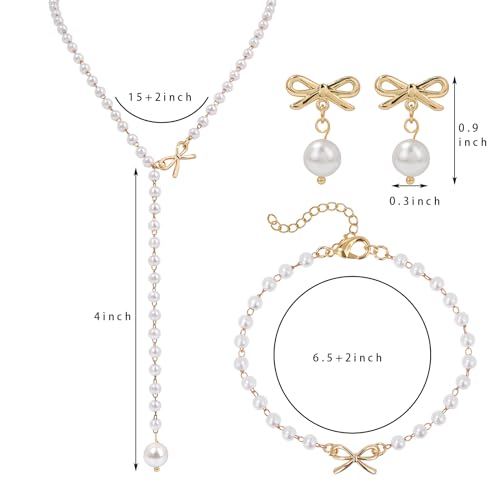 Raicegs Pearl Jewelry Set for Women Wedding Pearl Necklace Bracelet Earrings Set Bride Bridesmaid Dainty Jewelry Gift for Women - color: Bow Jewelry