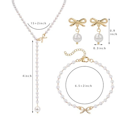 Raicegs Pearl Jewelry Set for Women Wedding Pearl Necklace Bracelet Earrings Set Bride Bridesmaid Dainty Jewelry Gift for Women - color: Bow Jewelry