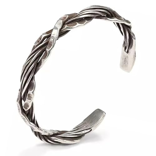 Innocence S925 Silver-Plated Antique Wide Feather Cuff Bracelet For Men Women Adjustable Retro Twisted Feathers Bracelets Gift Jewelry - color: Twisted