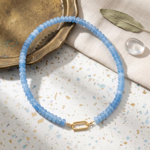 BELLA-Bee Natural Stone Beaded Choker, Multi Color Boho Jewelry Gift | Small bead natural stone choker with stainless steel ring clasp — multicolor stone, handmade healing jewelry for vacation - color: Blue-Rectangle Spring Clasp