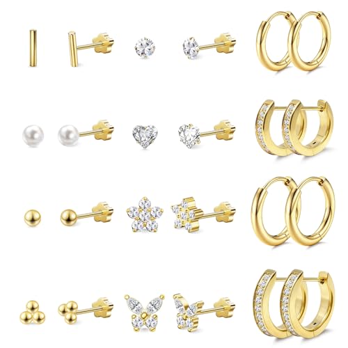 12 Pairs Gold Stainless Steel Hoop and Flat Back Stud Earrings Set | Includes 8/10mm hoops and 8 pairs flat back studs with 20G 7mm posts for lobe, helix, tragus and cartilage. - style: 12Pairs,Gold,Hoop+Stud Combo