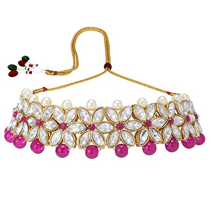 Aheli Wedding Party Wear Bridal Jewellery Choker Long Pearl Necklace Earrings Maang Tikka Indian Traditional Set Gift for Women - color: Rani Pink-1