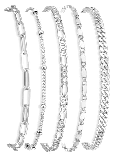 Gokeey Ankle Bracelets for Women Waterproof, 14k Gold Plated Jewelry Set Layered Cuban Figaro Link Chain Anklets Set Gold Anklets Summer Boho Beach Jewelry Gift Adjustable Size - color: Silver