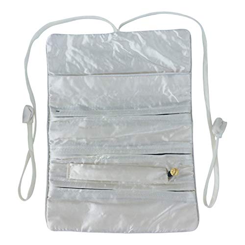 Travel Jewelry Roll Bag - Silk Embroidered Brocade Pouch for Rings, Necklaces, Earrings, Bracelets | Lightweight & Tie Closure (White) - color: White