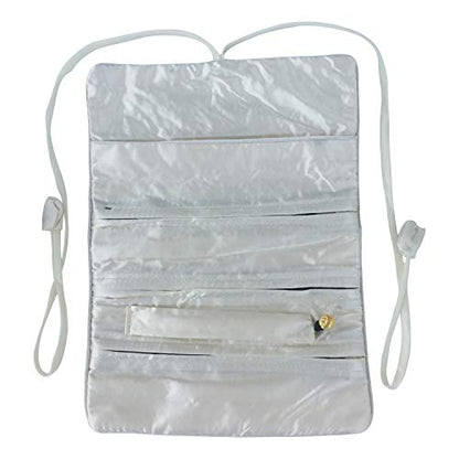 Travel Jewelry Roll Bag - Silk Embroidered Brocade Pouch for Rings, Necklaces, Earrings, Bracelets | Lightweight & Tie Closure (White) - color: White