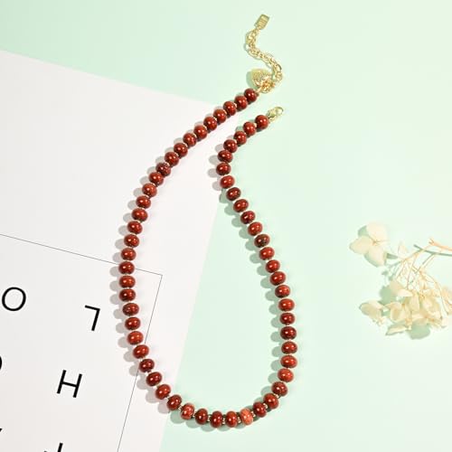 Boho Gemstone Beaded Necklace for Women – Colorful Natural Stone Choker 18K Solid Heart-Shaped Pendant, Summer Beach Jewelry - color: Red Jasper