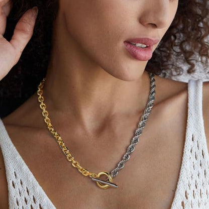 Wire Necklaces for Women, 2 Tone Link Chain Necklaces Circles Adjustable Necklaces Costume Jewelry for Women Gifts - color: Two-Tone