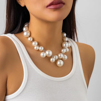 CSIYANJRY99 Chunky Pearl Necklace for Women Big Faux Pearl Beaded Strand Necklace Wedding Prom Jewelry for Women - color: white