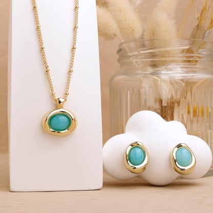 Jean Beau Gold Stone Pendant Necklaces for Women, Chunky Gemstone Dangle Necklace Wedding Prom Fashion Jewelry Gift - color: Amazonite Blue