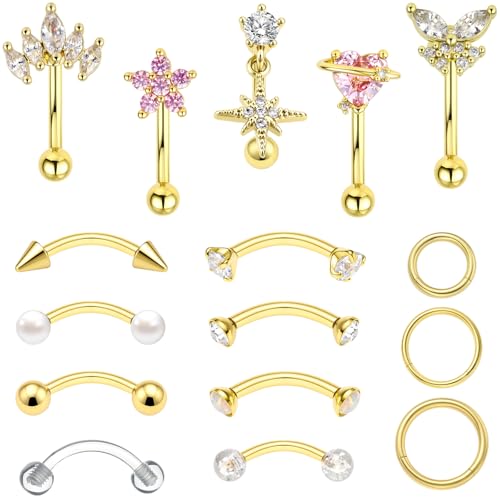 Rook Eyebrow Piercing Jewelry Surgical Stainless Steel Vertical Labret Lip Jewelry Gold Silver 16G Curved Barbell Cartilage Helix Conch Tragus Daith Hoop Earrings for Women - color: Gold Tone