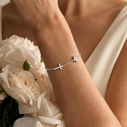 Bracelets for Women, Dainty Gold Silver Ring Bracelet Hand Chain | Cubic Zirconia Pearl Charms, 14K Gold Plated, Adjustable Fit, Trendy Stackable Link Chain, Waterproof Jewelry, Gift for Her - color: Silver-cross+clover charm bracelet