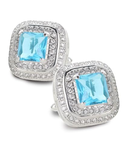 Square Colored Crystal Double Diamond Set Cufflinks - color: Turquoise/Silver