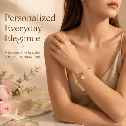 LemonRose Initial Bracelets for Women - Dainty Tie the Knot Letter A-Z 14K Gold Plated for Women Gold Cuff Bracelet for Womens Jewelry Personalized Bridesmaid Proposal Gifts - color: Gold J