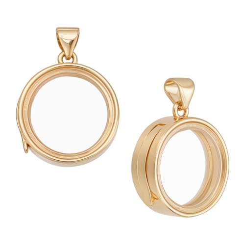 UNICRAFTALE 2Pcs Real 18K Gold Plated Memory Locket Pendants 20mm Long Crystal Photo Frame Locket Pendants Metal Flat Round Charms Glass Floating Charm for Necklace Jewelry Making