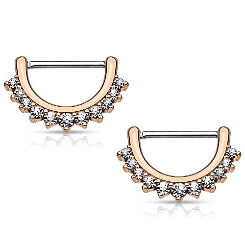 Pierced Owl - 14GA Stainless Steel CZ Crystal Lined Fan Nipple Clicker Rings, Sold as a Pair - style: Rose Gold Tone