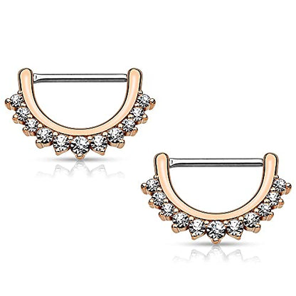 Pierced Owl - 14GA Stainless Steel CZ Crystal Lined Fan Nipple Clicker Rings, Sold as a Pair - style: Rose Gold Tone