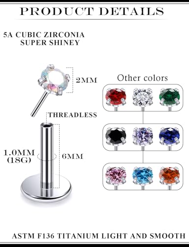 20G 18G 16G Astm F136 Titanium Threadless Flat Back Earrings Nose Studs Tragus Helix Conch Cartilage Lobe Earrings Medusa Labret Snake Bite Monroe Lip Ring Piercing Jewelry For Women Men - size: 18G-6MM Bar-CZ 2MM