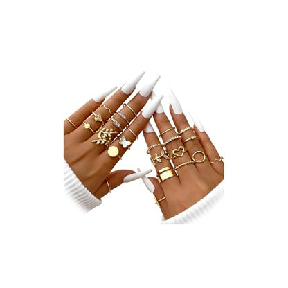 iF YOU 25 Pcs Gold Stackable Ring Set for Women, Chunky Knuckle Finger Midi Rings, Silver Simple Stacking Cute Rings Pack Trendy Stuff Jewelry Gift - style: 24 Gold leaf-size 6-9