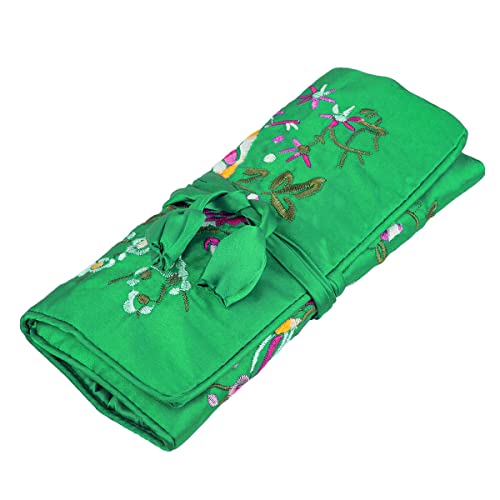 TUMBEELLUWA Embroidery Travel Jewelry Bag Roll Embroidered Flower and Bird Brocade Organizer with Tie Close - color: Deep Green