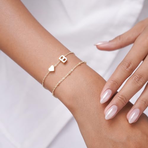 Gold Initial Bracelets for Women Trendy, Dainty Layered 14K Gold Plated Heart Letter Charm Bracelets, letter beads for name bracelets Jewelry Gifts - color: Gold-B