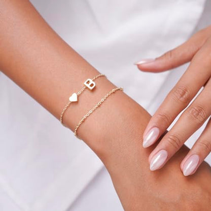 Gold Initial Bracelets for Women Trendy, Dainty Layered 14K Gold Plated Heart Letter Charm Bracelets, letter beads for name bracelets Jewelry Gifts - color: Gold-B