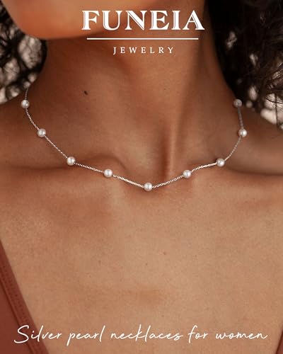 FUNEIA Dainty Pearl Necklace for Women 14K Gold Plated Faux Pearl Choker Necklaces Trendy White Silver Small Pearl Necklace Strand Wedding Prom Bridal Pearls Jewelry 14/16/18/20 Inches - color: 4mm-silver