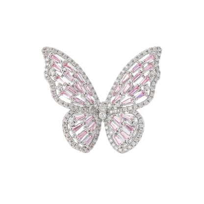 Butterfly Rings for Women Adjustable Golden Cocktail Ring Sparkly Stones Statement Silver Bow Open Wrap Bow Jewelry Bridesmaids Wedding Valentine’s Day Gift Lover Mother - color: JZ03-Silver Pink
