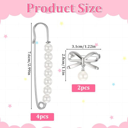 Pearl Safety Pins Silver Faux Pearl Brooch Pins Decorative Safety Pin 3 Inch Bowknot Brooch Pin Waist Tightening Clips for Clothes Pants Dresses Sweaters Hats Scarves Wedding