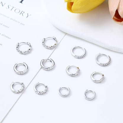 Wgoud Small Gold Hoop Earrings Set for Women, 6 Pairs 14K Gold Plated Hypoallergenic Lightweight Huggie Hoops Earrings, Trendy Cartilage Cubic Zirconia Earrings for Women Gifts. - color: A-Silver
