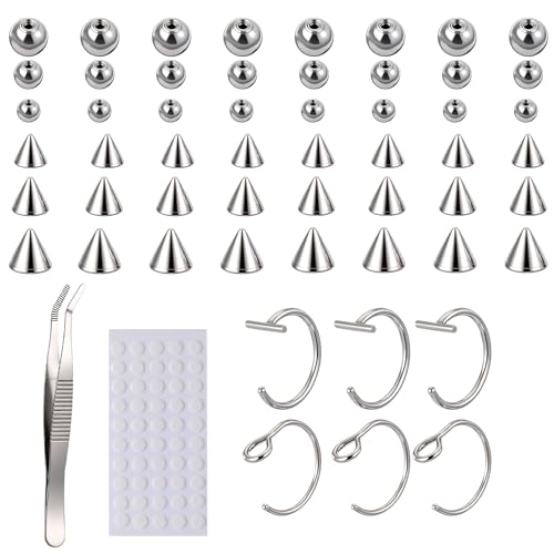 Fake Eyebrow Ring, Fake Lip Labret Studs Non-Piercing Eyebrow Piercing Replacement Balls Spike with 100Pcs Sticker and 1 Pcs Tweezers Body Jewelry Nose Rings