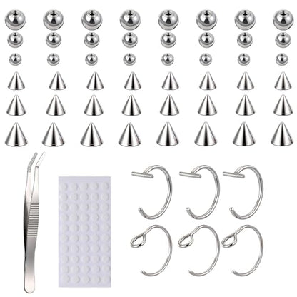 Fake Eyebrow Ring, Fake Lip Labret Studs Non-Piercing Eyebrow Piercing Replacement Balls Spike with 100Pcs Sticker and 1 Pcs Tweezers Body Jewelry Nose Rings