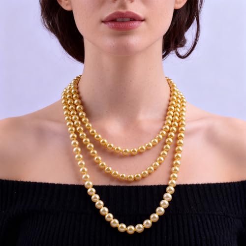 Pearl Necklaces for Women 60'' 70" Long Pearl Necklace 15.75'' Pearl Choker Necklace Chunky Bead Layered Faux Pearl Dangle Wedding Bridal 1920s Gatsby Christmas Costume Jewelry Gifts - color: Gold-60”