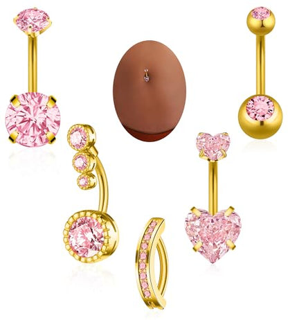 BSJ4U Belly Button Rings Gold Plated Silver Pink Clear CZ Belly Rings for Women Heart Bow Flower Butterfly Teardrop Dangle Navel Belly Button Piercing Jewelry - color: Gold Plated Pink Classic Belly Button Rings