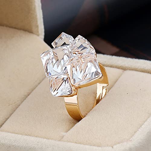 Hebelee Boho Square Crystal Statement Ring for Women Adjustable | Gold-Toned Expandable Promise Engagement Geometric Rings Comfort Fit Elegant Art Deco Christmas Cocktail Y2K Jewelry - color: White