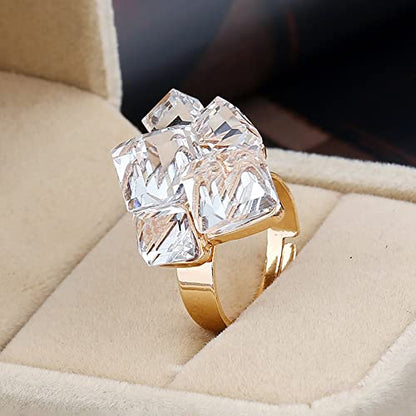 Hebelee Boho Square Crystal Statement Ring for Women Adjustable | Gold-Toned Expandable Promise Engagement Geometric Rings Comfort Fit Elegant Art Deco Christmas Cocktail Y2K Jewelry - color: White
