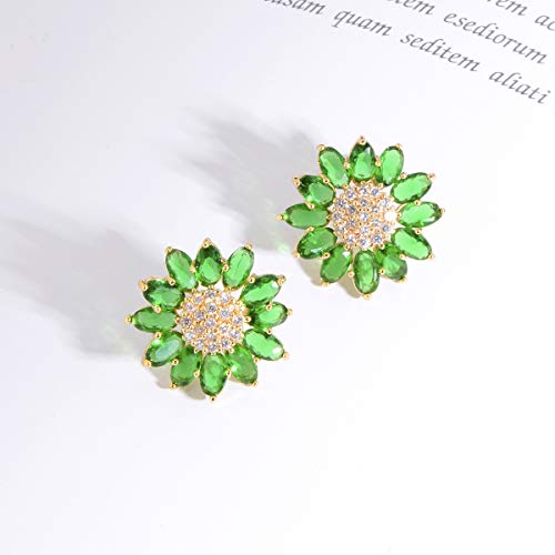 Crystal Flower Burst Stud Earirings - Big Sterling Silver CZ Cubic Zirconia Rhinestone Daisy Sunflower Floral Cluster Studs Bridal Wedding Party Prom Costume Jewelry for Bride Bridesmaids Women Birthstone Birthday Gift - color: Green