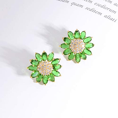 Crystal Flower Burst Stud Earirings - Big Sterling Silver CZ Cubic Zirconia Rhinestone Daisy Sunflower Floral Cluster Studs Bridal Wedding Party Prom Costume Jewelry for Bride Bridesmaids Women Birthstone Birthday Gift - color: Green