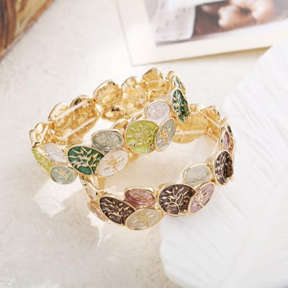 LUREME Oval Enamel Leaf Bracelet, Earth Tone & Jade Green Stretch Cuff, 3D Gold Branch Design, Elastic Bangle for Women, Nature-Inspired Jewelry(bl003693) - color: Brown & Blush Earth Tones