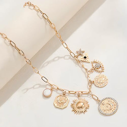 ORIGENCE Sun Heart Necklace for Women 18K Gold Plated Heart Pendant Necklace Chunky Chain Choker Necklaces Hip Hop Charm Necklaces Trendy Unisex Jewelry - style: 8Charm-Gold