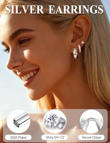 Small Gold Earring Stack Trendy 925 Sterling Silver Earrings for Women Hypoallergenic 14K Gold Plated Cubic Zirconia Stud Hoop Non Tarnish Huggie Hoop Earrings Set for Multiple Piercing Jewelry Gift - style: Silver: 2 Pairs of Hoops + 1 Pair of Studs