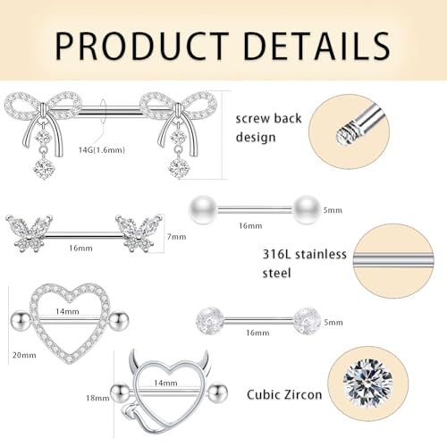 TIANCI FBYJS 6 Pairs 14G Nipple Rings for Women 316L Stainless Steel Heart Bow CZ Flower Barbell Nipple Rings Set Cute Nipplerings Piercing Jewelry - color: silver